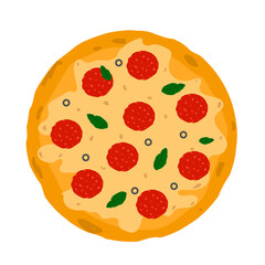 Pizza with salami, basil, olives, mozzarella and cheese. Vector isolated icon on white background.