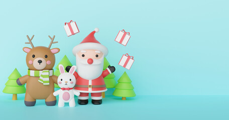 Christmas and Happy new year background with Santa clause and friends 3d rendering. 