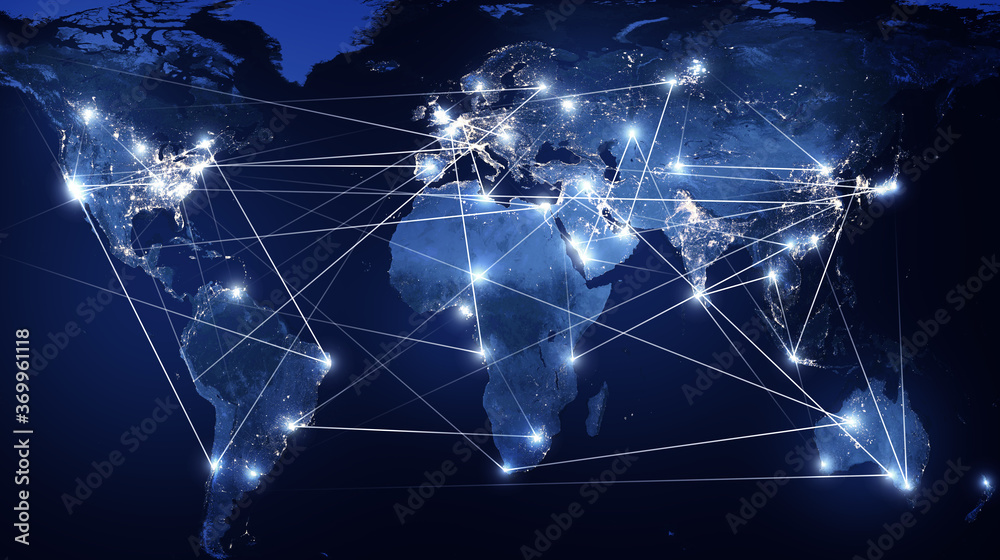 Wall mural global networking and international communication. world map as a symbol of the global network. elem
