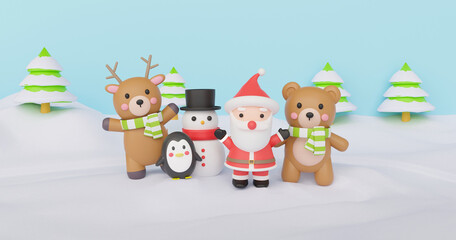 Obraz na płótnie Canvas Christmas and Happy new year background with Santa clause and friends 3d rendering. 