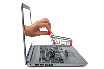 Online shopping concept with woman hand and cart