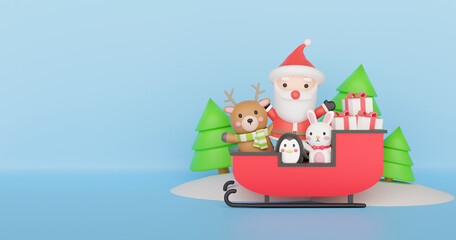Christmas and Happy new year background with Santa clause and friends 3d rendering. 