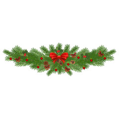 Christmas garland with fir branches and cones. Set of green Christmas tree branches. Vector illustration