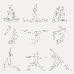 Different yoga poses continuous one line vector illustration. - 369961565
