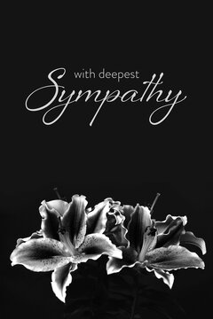 Sympathy card. Funeral flowers isolated on black background