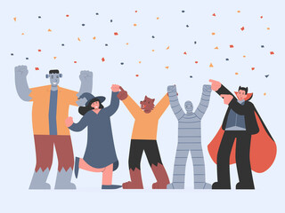 Vampire, werewolf, mummy, witch, and monster friend of them dancing with happiness in Halloween party with ribbon in the air. Fantasy celebration of devil group.