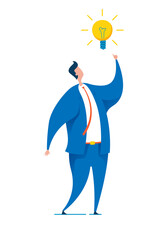 Businessman with a light bulb over his head. Worker with an idea. Vector illustration of a standing office clerk on an isolated background.