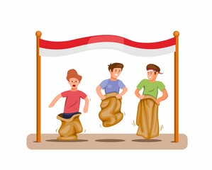 Boys play sack race competition to celebration indonesian independence day in 17 august concept in cartoon illustration vector isolated in white background