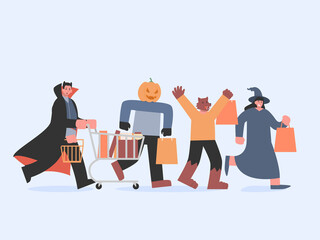 Dracula with shopping cart and witch and werewolf and pumpkin monster with bag running to shopping in Halloween tradition. Illustration about devil group in the fantasy department store concept.