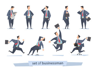 Seth of nine businessmen. Riding a chair, with mobile phone, jumping, tired, frightened, standing, running, reading a newspaper and with a cup. Vector illustration of office workers in different poses