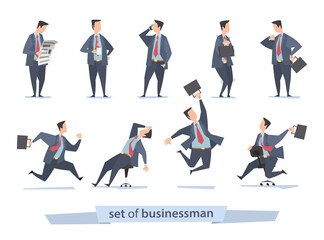 Fototapeta premium Seth of nine businessmen. Riding a chair, with mobile phone, jumping, tired, frightened, standing, running, reading a newspaper and with a cup. Vector illustration of office workers in different poses