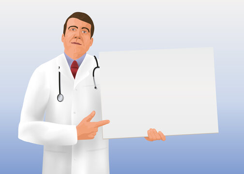 Dans un style graphique de bande dessinée, Un médecin présente une pancarte blanche pour écrire un message de santé publique ou des consignes sanitaires.
