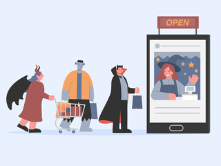 Frankenstein with friend includes vampire and devil with bat wings in a queue in the front of smartphone with cashier inside. Illustration about shopping online in Halloween tradition of devil group.