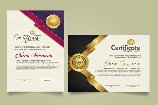 set certificate template with ribbon stripes ornament and modern texture pattern background. Diploma. Vector illustration