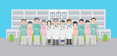 病院前にいるたくさんの医療従事者たち1（背景有り）
