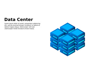 Datacenter isometric vector illustration. Abstract 3d hosting server or data center room background. Network or mainframe infrastructure website header layout. Computer storage or farming workstation.