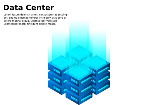 Datacenter isometric vector illustration. Abstract 3d hosting server or data center room background. Network or mainframe infrastructure website header layout. Computer storage or farming workstation.