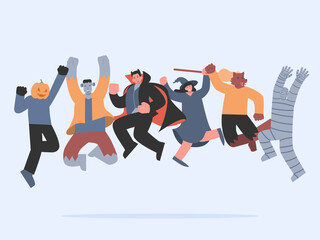 People group in Halloween fancy clothes jumping in the air for holiday celebrations with happy. Frankenstein, Vampire, Mummy, witch, and werewolf in cheerful action.