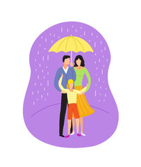 Family, mom, dad, a child are standing under an umbrella. Life insurance. Reliance is a family. Rain protection. Vector flat illustration.