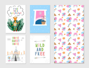 Cute scandinavian print set with seamless pattern. Hand drawn vector. Kids wall art, prints, baby shower, greeting cards, birthday card, t-shirt. Modern illustration.