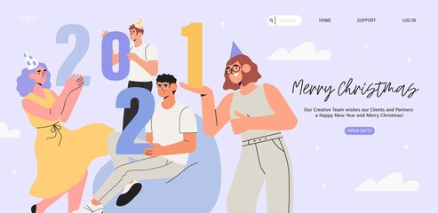 Banner, flyer, landing page with happy people or office workers, employees hold big numbers 2021. Group of friends or team wish Merry Christmas and happy New Year to their clients. Holiday greeting.