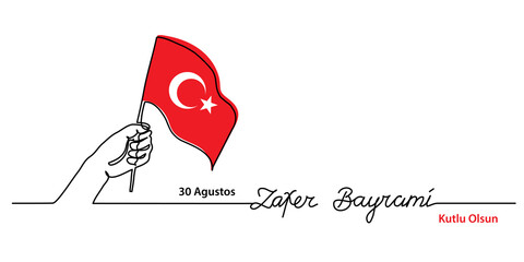 August 30 turkish Victory Day Zafer Bayrami. Simple web banner, vector background with flag and hand. One continuous line drawing with lettering Zafer Bayrami.