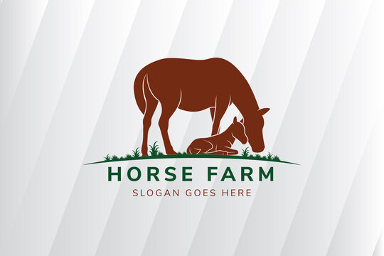 Horse, land And grass Logo Template Design Vector, Emblem, Design Concept, Creative Symbol, Icon. brown and green colors. 