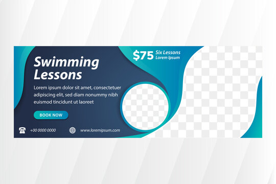 Horizontal Banner for swimming lessons, creative concept for presentations and advertising, template for posting photos and text. Modern blue and dark purple gradient background with sea waves.