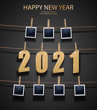 Vector New Year background with golden 3d letters 2021 and photo frames hanging on the memory board. Celebration background.