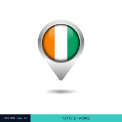 Cote d'Ivoire or Ivory Coast flag map pin vector design template