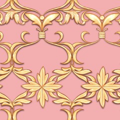 Seamless baroque pattern. Golden scrolls on pink background