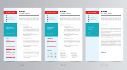 Professional Resume/CV (2 Page) And Cover Letter Template Design
 - obrazy, fototapety, plakaty