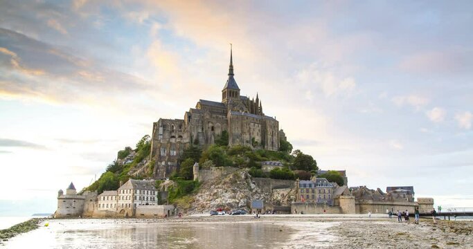 Mont Saint Michel abbey at sunset 4K timelapse, Normandy, France.
