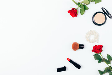 Fototapeta na wymiar Classic makeup set with red lipstick
