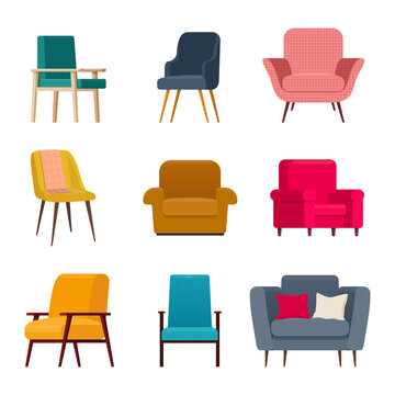 Set of different armchairs for living room or bedroom. Vector illustration