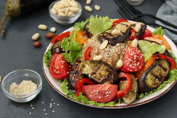 Salad with eggplant, tomato, paprika, lettuce, sesame and peanuts on dark background, horizontal format