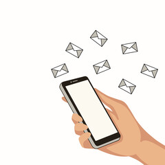 Hand with cell phone. Sms messages to smart phone. Vector illustration