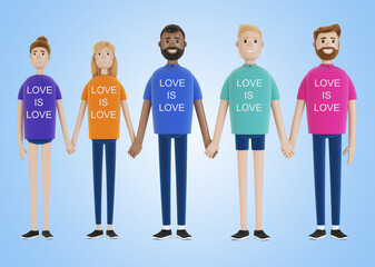 Happy people of different nationalities holding hands. LGBT community. A group of gay, lesbian, bisexual and transgender activists. 3D illustration in cartoon style.