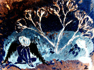 Angel under tree, oil painting, expressionism