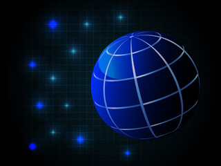 Stylish geographic background with a globe and glowing dots .Vector graphic on a dark blue geometric background.