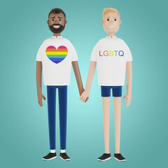 Two men in LGBT T-shirts are holding hands. LGBT community. 3D illustration in cartoon style.