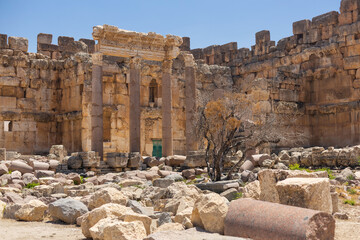 Fototapeta premium Baalbek temple complex in Lebanon. Massive Roman ruins. Impressive columns and stone walls
