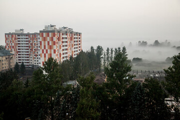 Foggy morning in a residential area of St. Petersburg