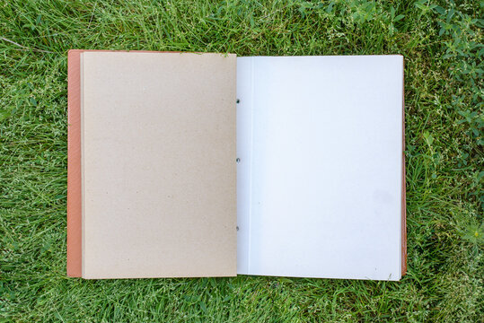 An old faded open photo album or photo book with yellowed pages on the green grass on the lawn. Copy space, minimal style, the concept of storing memories