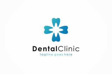 Dental Clinic Logo. Blue Shape Cross Sign with Tooth Symbol Combination isolated on White Background. Usable for Dentist, Healthcare and Medical Logos. Flat Vector Logo Design Template Element