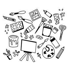 Set of artist's doodles, brushes, paints, pencils and easel on a white background. The linear vector flat illustration.