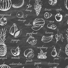 Set of fruits on the blackboard. Seamless pattern. Hand drawn elements. Vector illustration.