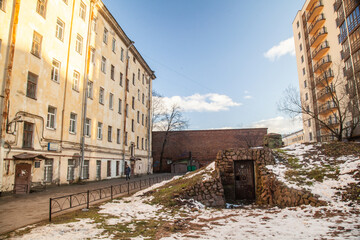 Old bomb shelter next to a residential building