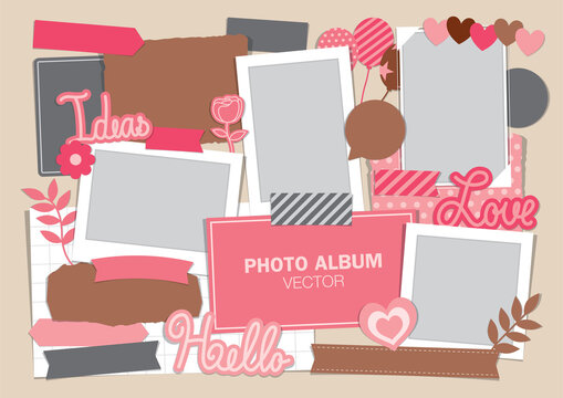 Picture frame with paper elements vector set for scrapbook or photo album.