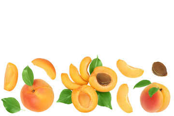 apricot fruit with half and slices isolated on white background. . Top view with copy space for your text. Flat lay